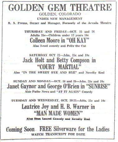 1st advertisement of the Golden Gem Theatre, Colorado Transcript 1928