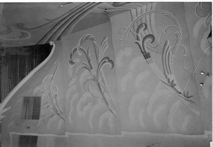 Theater auditorium, south wall showing feather motif Photo courtesy Gardner Family Collection