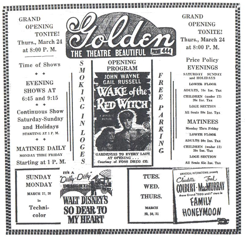 1st advertisement for the Golden Theatre, Colorado Transcript 1949